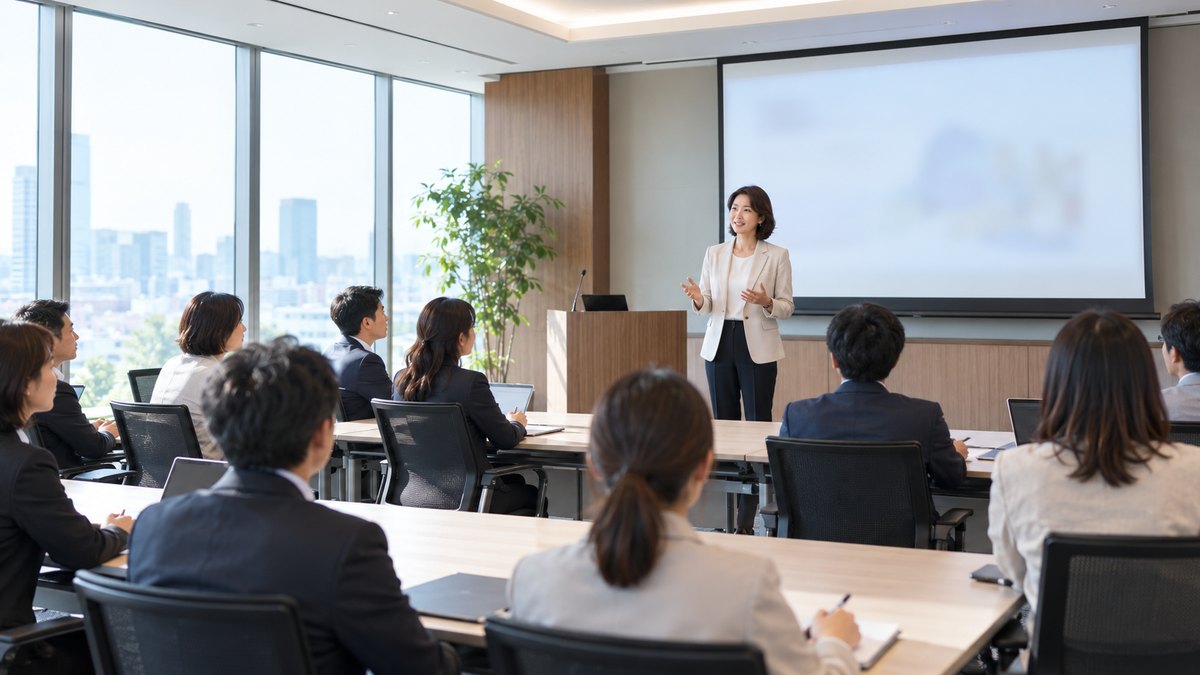 午前、会社の広い会議室で、40代の女性管理職が10人ほどの社員の前に立ち、落ち着いた表情で身ぶりを交えて発表している遠景。スクリーンや資料の文字は見えない
