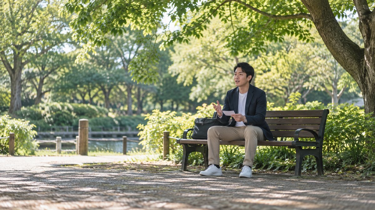 週末の午後、公園の木かげのベンチで、30代の男性が小さなメモを片手に持ち、前を向いて声に出して自己紹介の練習をしている遠景。メモの文字は見えない