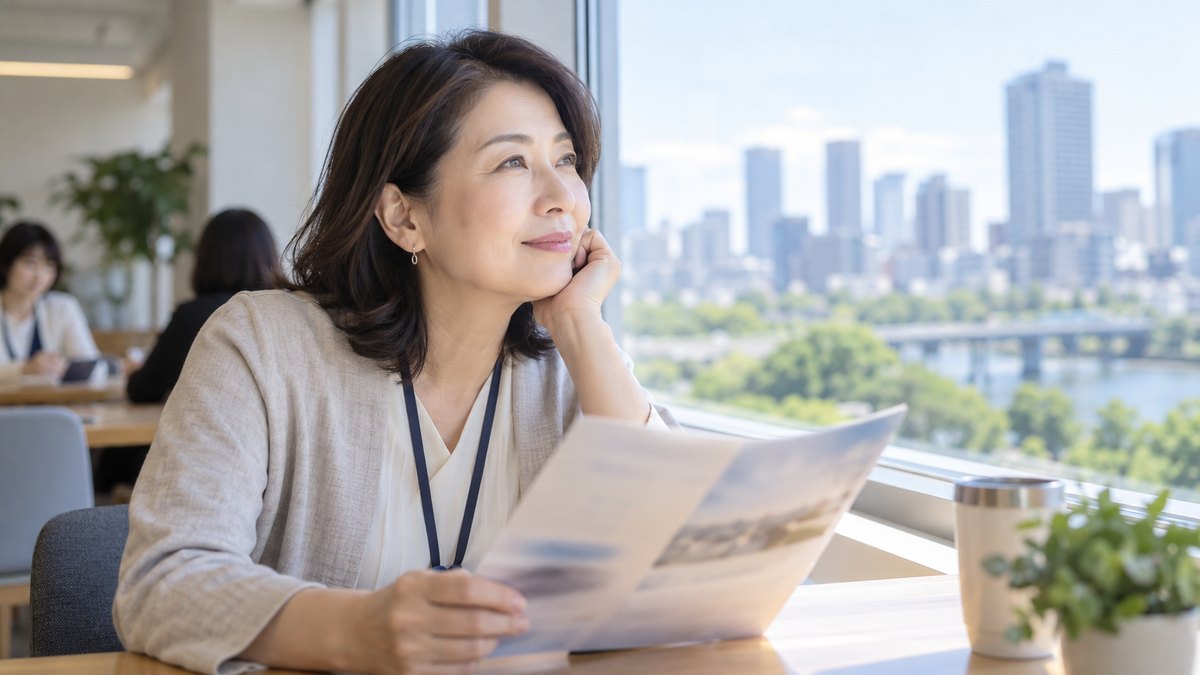 平日の昼休み、会社の静かな休憩室の窓際の席で、50代の女性会社員が紙の講座案内を手に持ち、窓の外を見ながら考えている近景。紙の文字は読めない