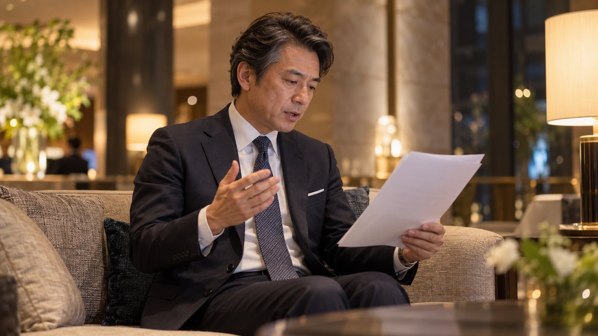 平日の夜、ホテルのロビーの落ち着いたソファで、50代の男性経営者が原稿の紙を手に持ち、小さな声で読み上げながらスピーチの練習をしている近景。紙の文字は読めない