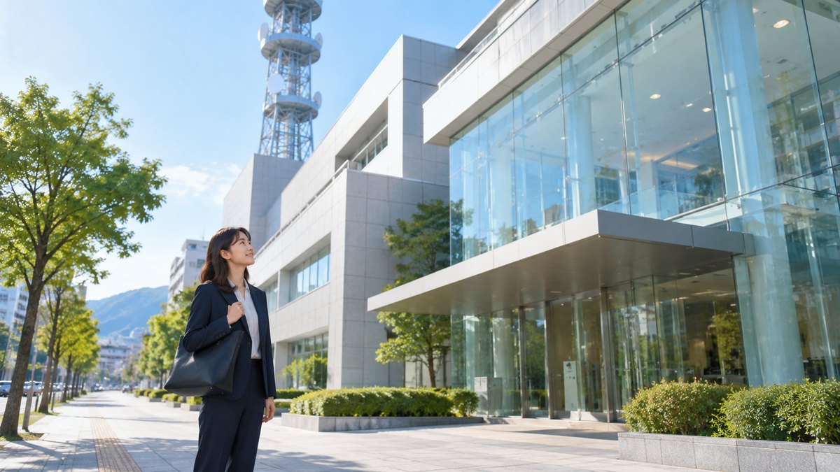 朝、地方都市のテレビ局の前の歩道で、20代後半の女性がスーツ姿で建物を見上げ、少し緊張しながらも前向きな表情で立っている遠景。建物や看板に文字やロゴは見えない