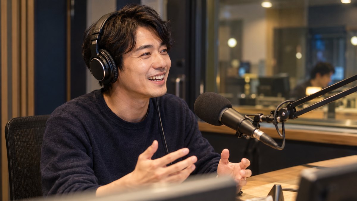 平日の夜、ラジオ局の小さなスタジオで、30代の男性がヘッドホンをつけてマイクの前に座り、原稿を見ずに笑顔で話している近景。機材やガラスに文字やロゴは無い