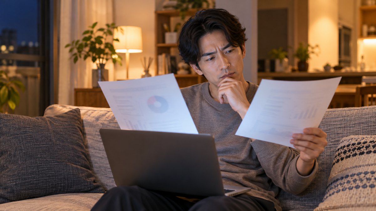夜、自宅のリビングのソファで、30代の男性がノートパソコンを膝に乗せ、2つの資料を見比べながら首をかしげて考えている近景。画面と資料の文字は読めない