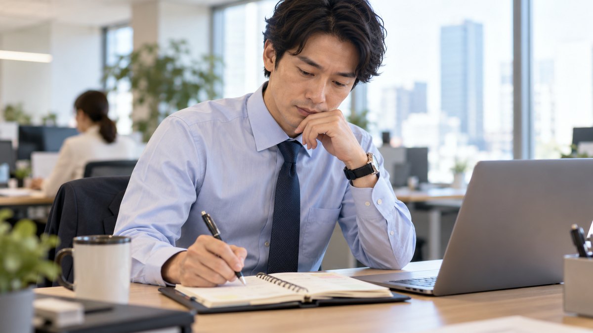 平日の朝、オフィスの自席で、30代の男性会社員がパソコンの横に置いた手帳に週の予定を書き込みながら、夜の時間の使い方を考えている近景。手帳やパソコンの画面の文字は読めない