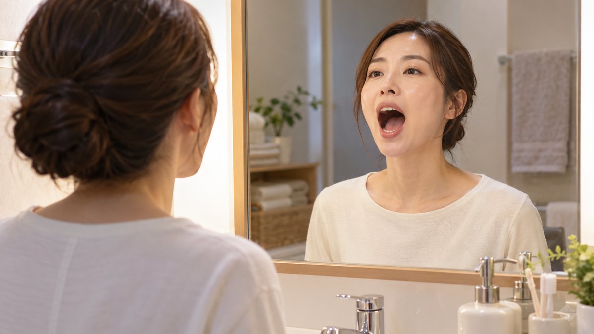 夜、自宅の洗面所の鏡の前で、30代の女性が背すじを伸ばし、口を大きく開けて母音の発声練習をしている近景。鏡に映る顔もはっきり見える。文字は無い