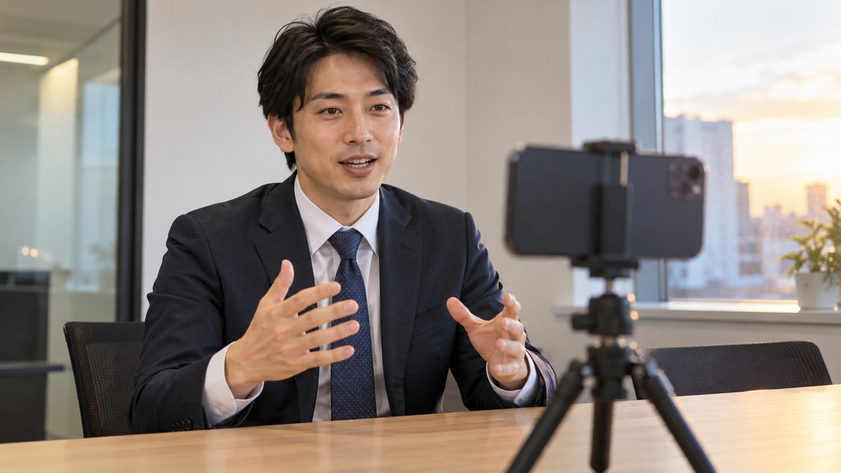 平日の夕方、会社の小さな会議室で、30代の男性会社員が机の上の三脚に立てたスマホに向かって原稿を持たずに話し、自分の話す様子を撮影している近景。スマホの画面の文字は見えない