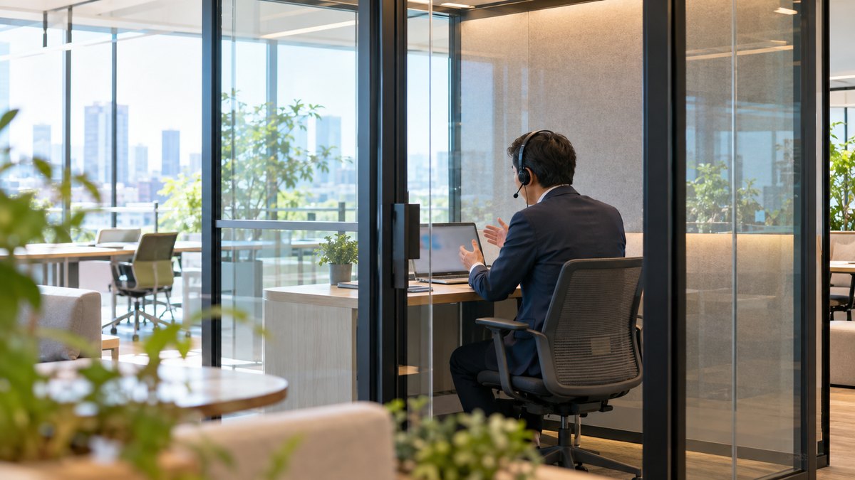午前、シェアオフィスのガラス張りの個室ブースで、40代の男性会社員がヘッドセットをつけてノートパソコンに向かい、オンライン会議の相手に向けて身ぶりを交えながら落ち着いて説明している遠景。パソコンの画面はぼけていて見えない。顔ははっきり写らない。文字は無い