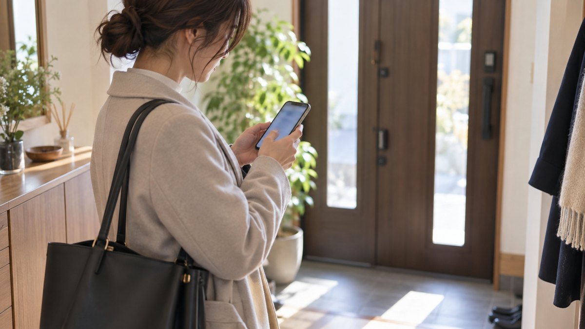 朝、通勤前の自宅の玄関で、30代の女性会社員がコートを着たまま立ち止まり、スマホを両手で持って予定を確かめている近景。スマホの画面はぼけていて見えない。顔ははっきり写らない。文字は無い
