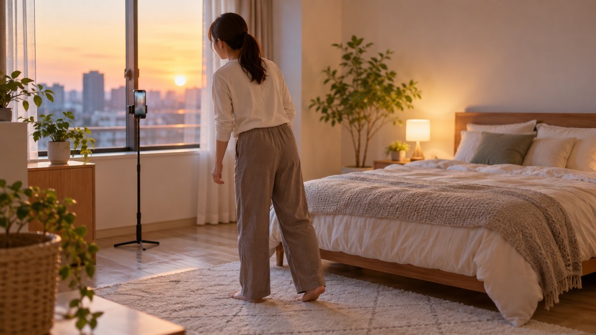 夕方、自宅の寝室の窓ぎわに置いたスタンドにスマホを立て、30代の女性会社員が少し離れて立ち、画面に全身が入るか確かめながら位置を直している遠景。スマホの画面はぼけていて見えない。顔ははっきり写らない。文字は無い