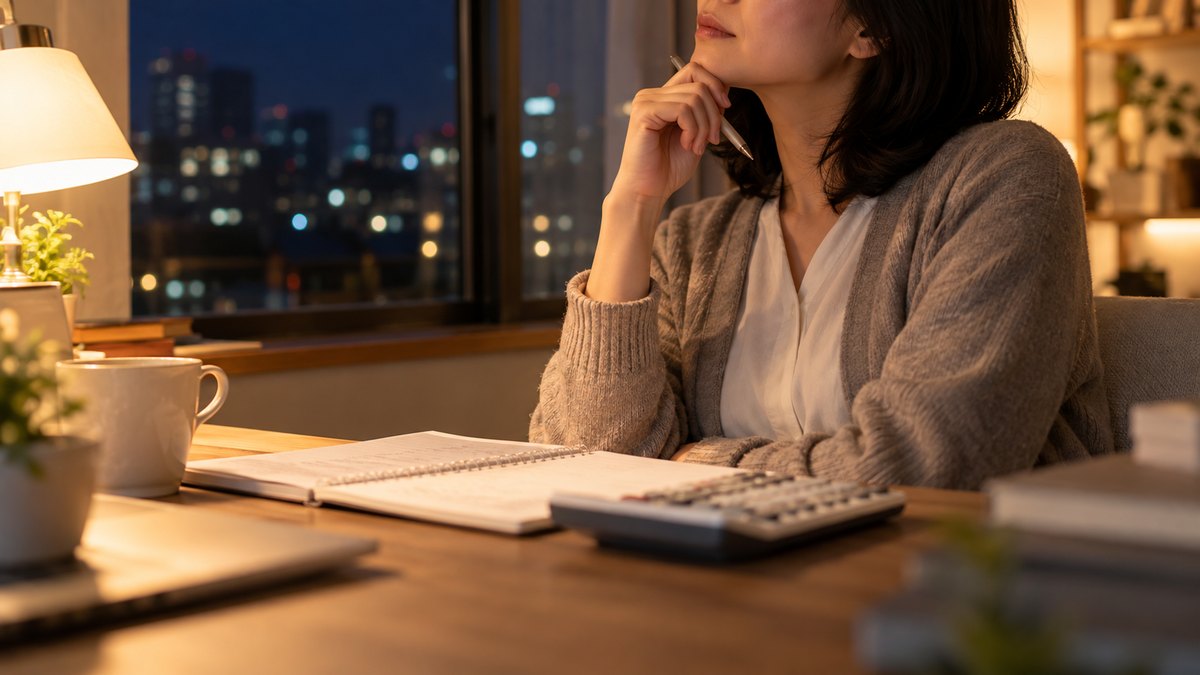 夜、自宅の窓ぎわの小さなデスクで、40代の女性会社員が電卓とノートを前に、背もたれに軽くもたれて落ち着いた表情で考えている近景。ノートの文字は読めない。顔ははっきり写らない。文字は無い