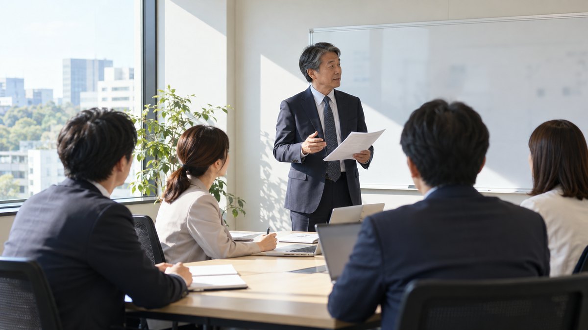 午後、会社の小さな会議室で、50代の男性会社員が4人ほどの同僚の前に立ち、資料を手に持ちながら、顔を上げて落ち着いた声で報告している遠景。資料とホワイトボードの文字は見えない。顔ははっきり写らない。文字は無い