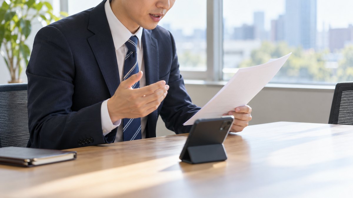 昼休み、会社の小さな空き会議室で、30代の男性会社員が机に置いたスマホに向かって、資料を片手に一人で短く読み上げ、自分の声を録音している近景。窓からの自然光。顔ははっきり写らない。資料とスマホの画面の文字は見えない