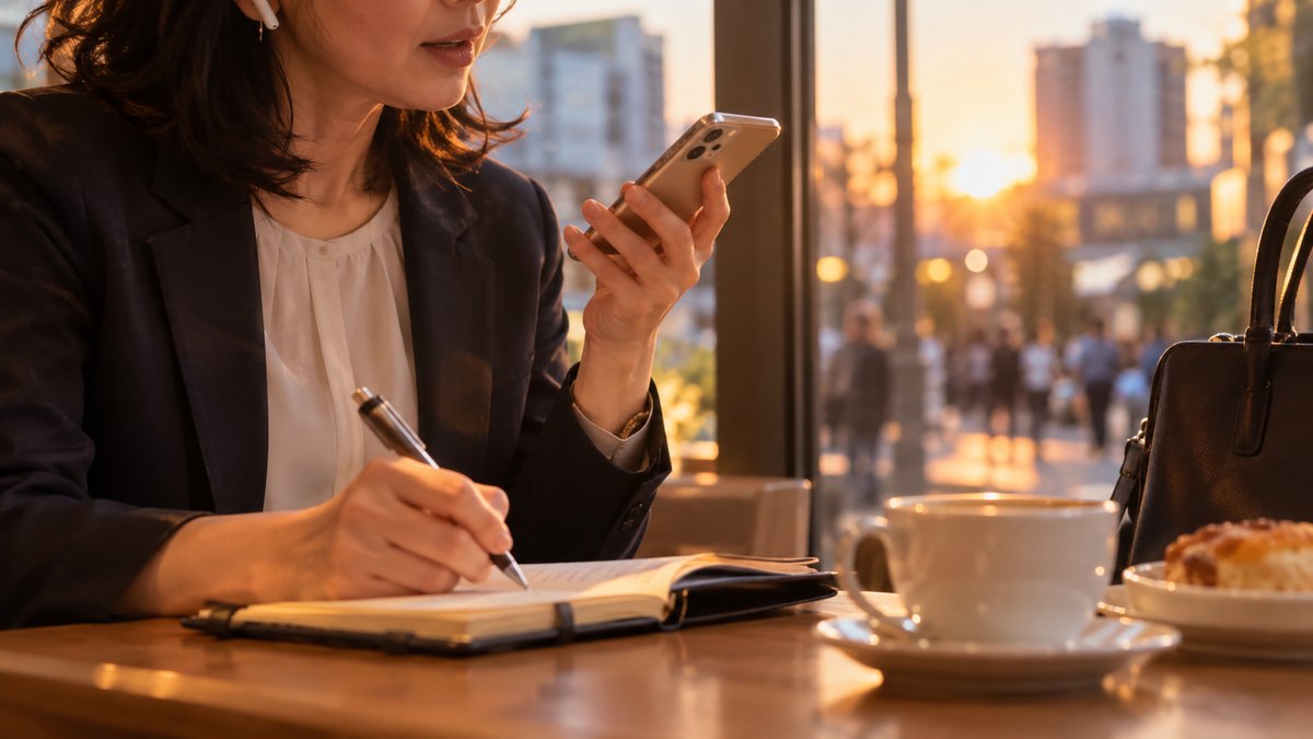 夕方、駅前のカフェの窓ぎわの席で、40代の女性会社員がイヤホンを片耳につけ、スマホを手に持って何かを聞き返しながら、小さな手帳にメモを取っている近景。スマホの画面と手帳の文字は読めない。顔ははっきり写らない。文字は無い
