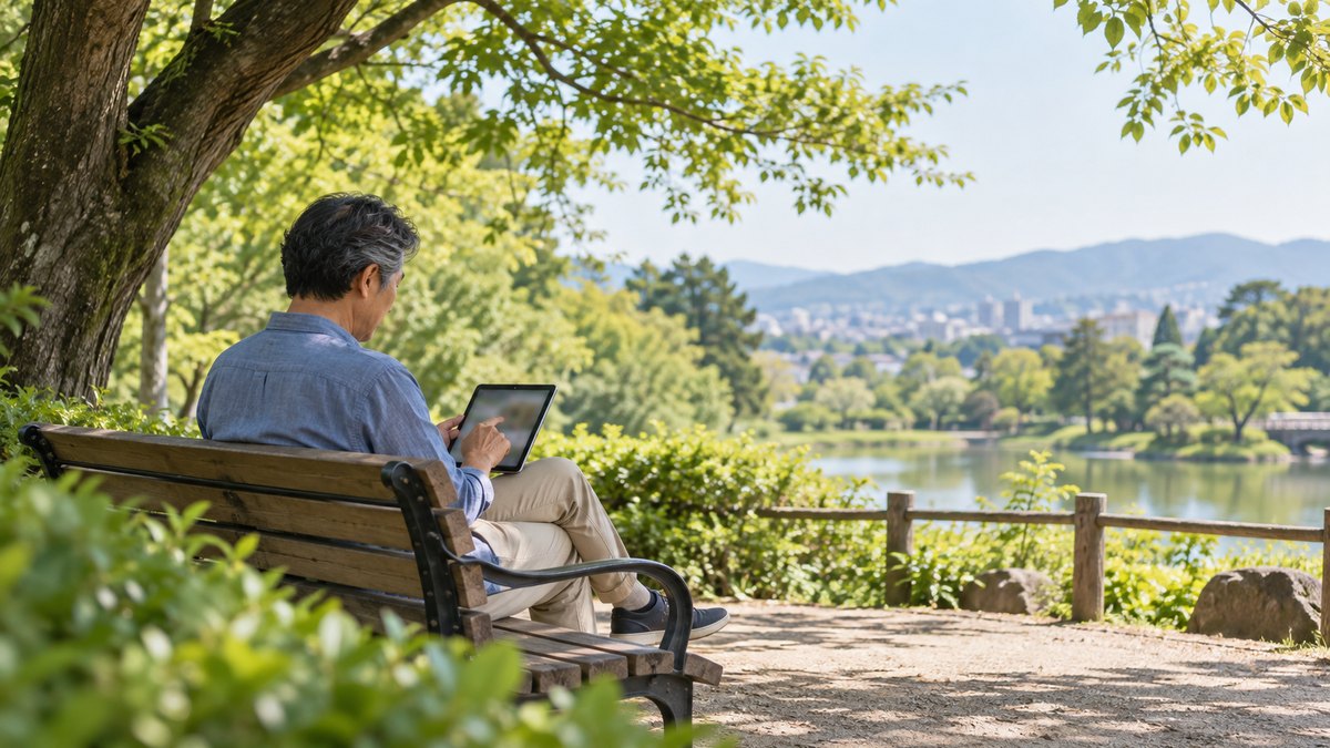 休日の午前、公園の木陰のベンチで、50代の男性がタブレットを膝にのせ、画面を指でなぞりながら穏やかな表情で何かを見比べている遠景。タブレットの画面はぼけていて見えない。顔ははっきり写らない。文字は無い
