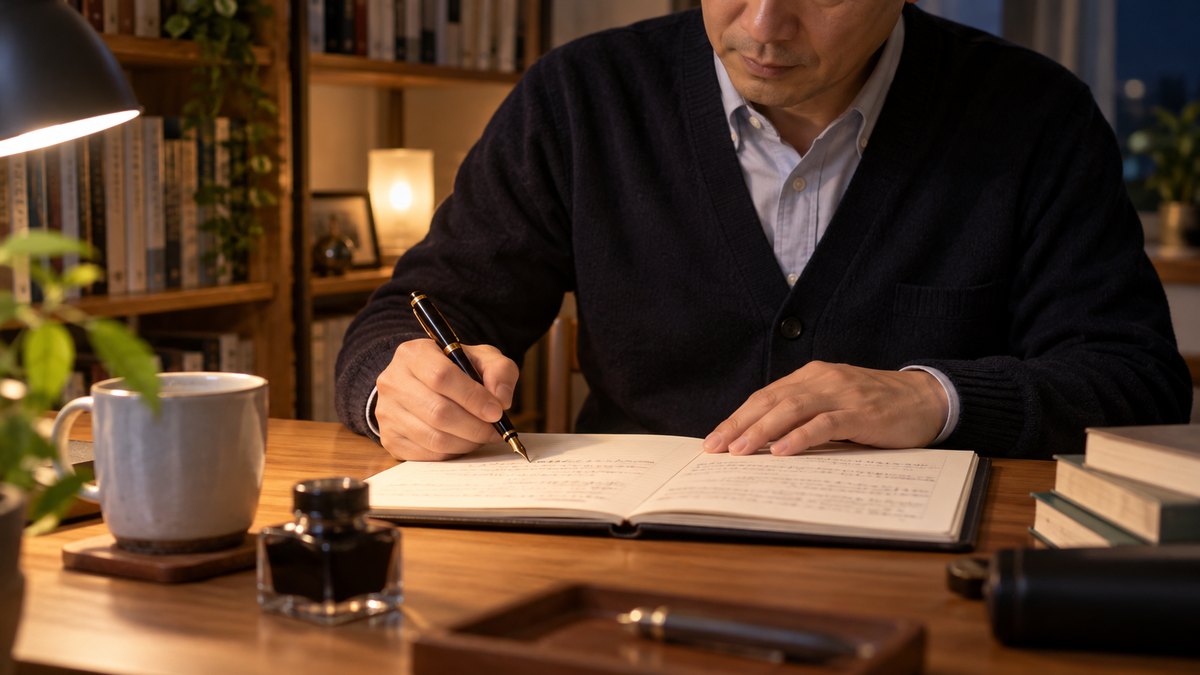 夜、自宅の書棚の前の小さな机で、40代の男性会社員がノートを開き、2つの欄に分けて万年筆で書き比べている近景。ノートの文字は読めない。顔ははっきり写らない。文字は無い