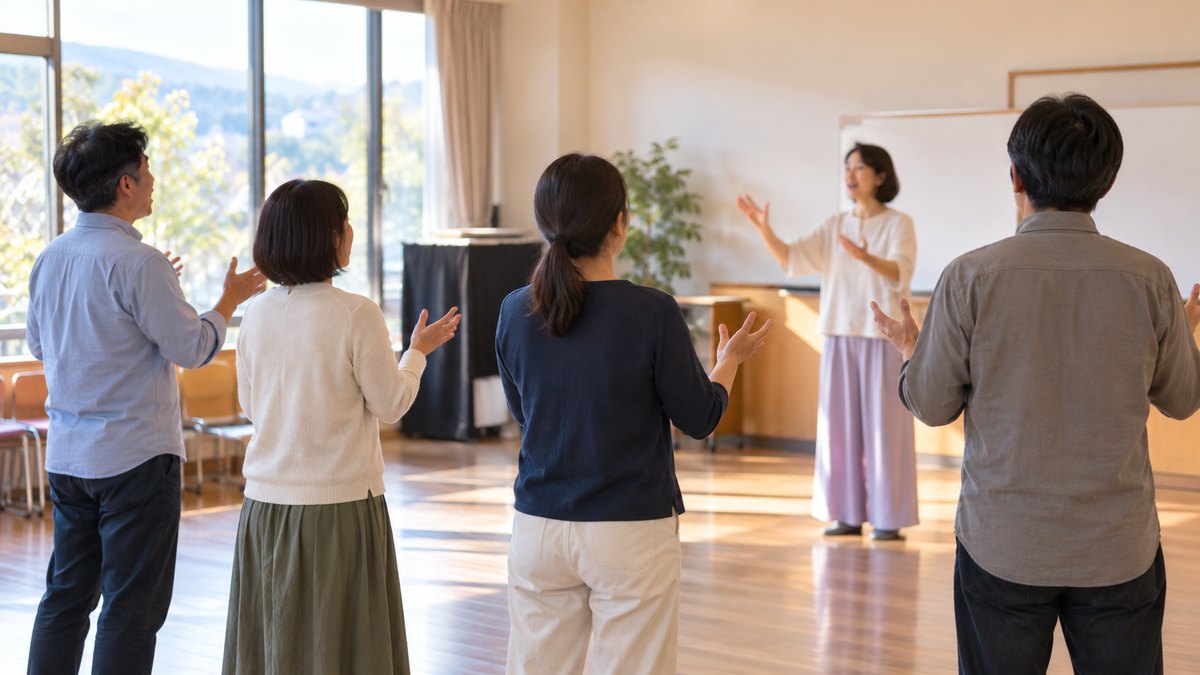夕方、地域の公民館の明るい多目的室で、30〜50代の大人4人が横に並んで立ち、前に立つ40代の女性講師の手の動きに合わせて声を出している遠景。掲示物の文字は見えない。顔ははっきり写らない。文字は無い