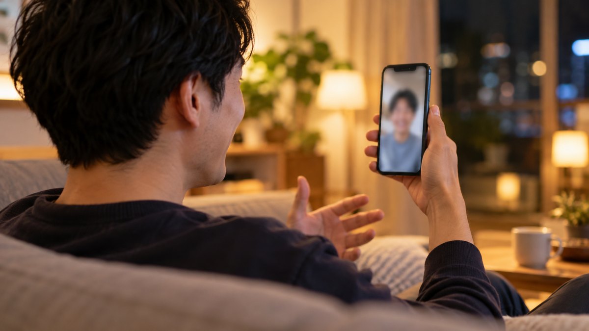 夜、自宅のリビングのソファで、30代の男性がスマホを顔の前に掲げて友人とビデオ通話をし、笑顔で声の聞こえ方を確かめている近景。スマホの画面はぼけていて見えない。顔ははっきり写らない。文字は無い