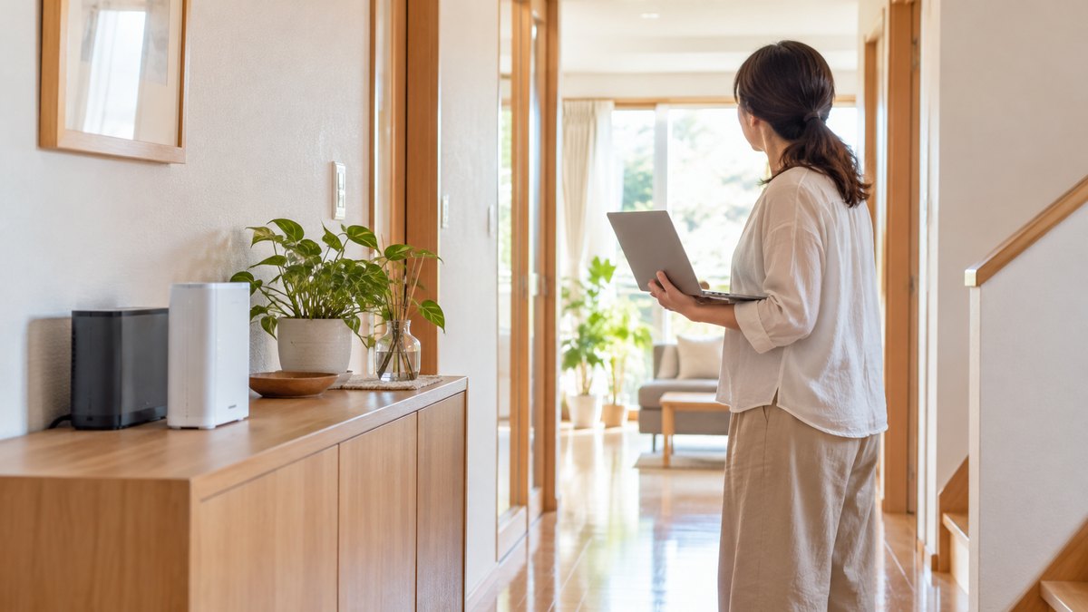昼、自宅の廊下の棚に置かれたネットの機器のそばで、40代の女性がノートパソコンを両手で抱え、電波の入りやすい場所を探すように周りを見ている遠景。機器のランプや画面の文字は見えない。顔ははっきり写らない。文字は無い