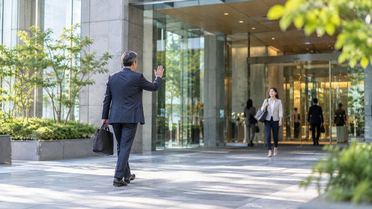 朝、オフィスビルのエントランスの前で、50代の男性会社員が出社してきた後輩の30代の女性に、明るい表情で手を軽く挙げて挨拶している遠景。看板やロゴの文字は見えない。顔ははっきり写らない。文字は無い