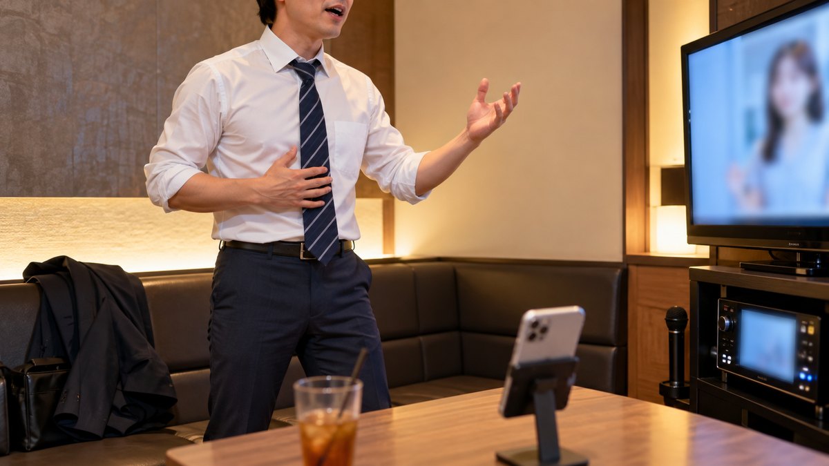 平日の夜、カラオケ店の小さな個室で、仕事帰りの30代の男性会社員がスーツの上着を脱いでソファの前に立ち、テーブルに立てたスマホに向かって声を出しながらオンラインのレッスンを受けている近景。スマホの画面と店内の機器の文字は見えない。顔ははっきり写らない。文字は無い