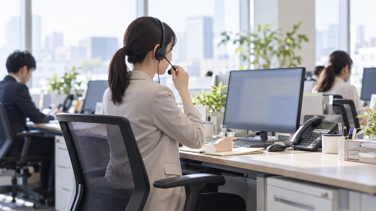 朝、オフィスの自席で、30代の女性会社員がヘッドセットをつけて電話を受け、背すじを伸ばしてメモを手元に置き、はっきりした表情で名乗っている遠景。パソコンの画面とメモの文字は見えない。顔ははっきり写らない。文字は無い