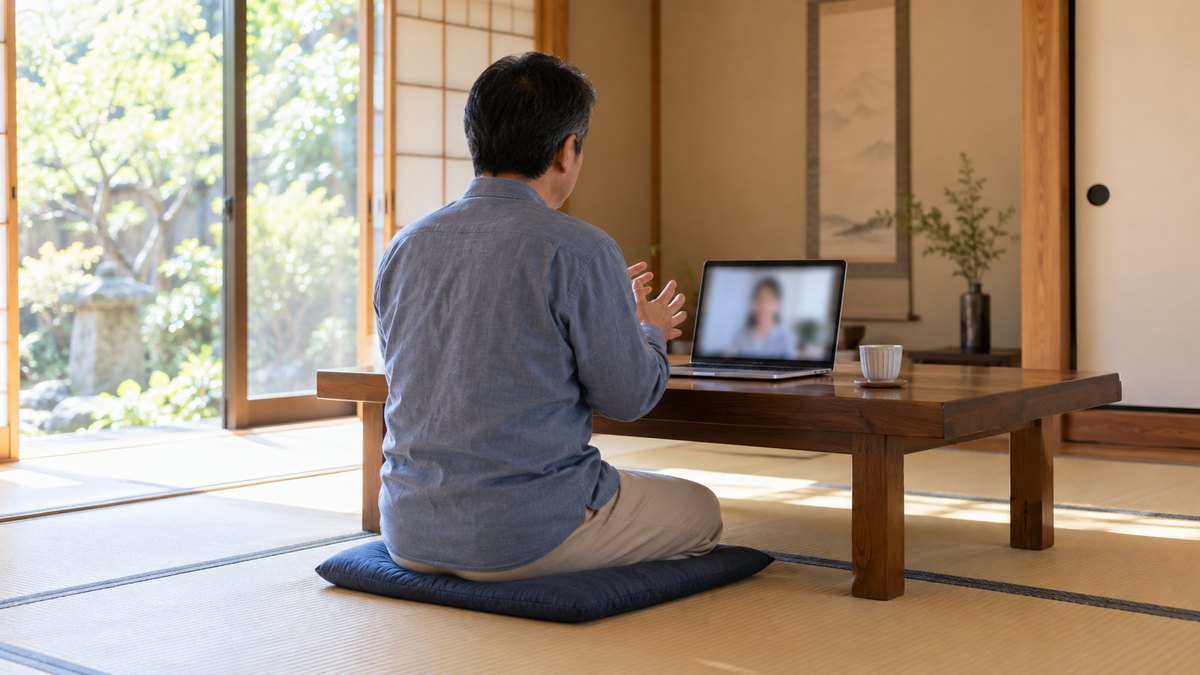 週末の昼、自宅の和室で、50代の男性が座卓の上にノートパソコンを置き、背すじを伸ばして正座しながら、画面の向こうの講師に向けて声を出している遠景。パソコンの画面はぼけていて見えない。顔ははっきり写らない。文字は無い