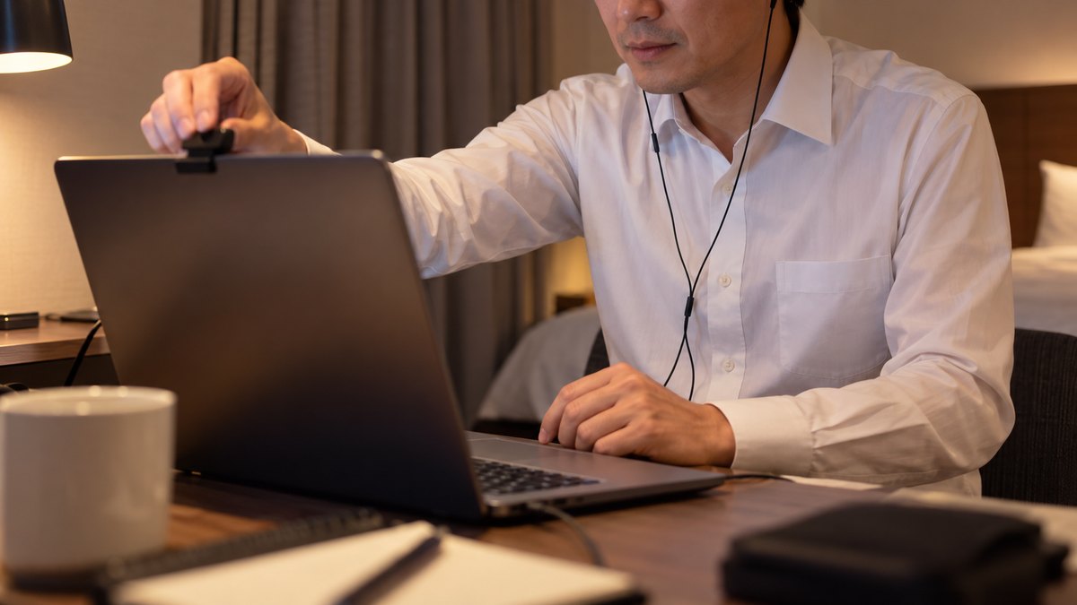 夜、出張先のビジネスホテルの客室の小さなデスクで、40代の男性会社員がワイシャツ姿でノートパソコンの上のカメラの角度を指で直し、有線のイヤホンをつけてオンラインのレッスンの準備をしている近景。カーテンの閉まった落ち着いた部屋。パソコンの画面はぼけていて見えない。顔ははっきり写らない。文字は無い