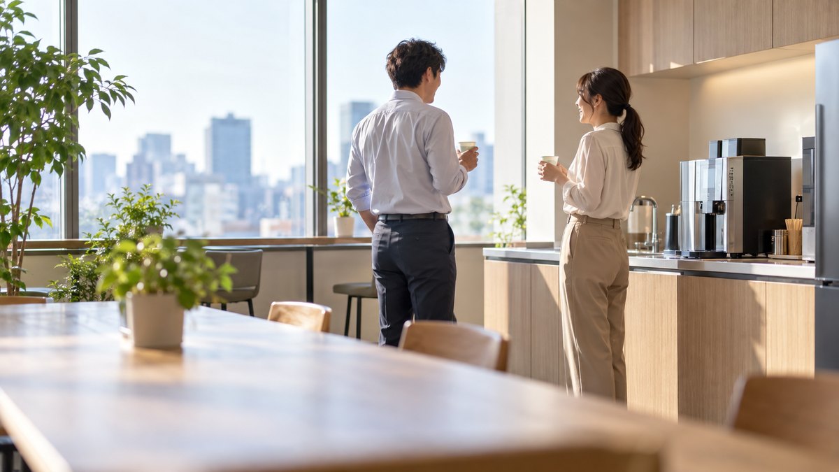 朝、オフィスの給湯室で、30代の男性会社員が紙コップのお茶を手に、同僚の30代の女性と軽く笑いながら話している遠景。顔ははっきり写らない。文字は無い