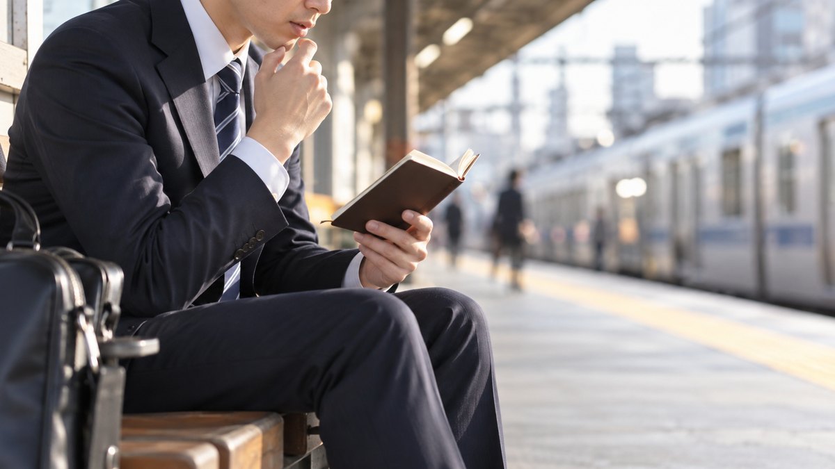 朝、駅のホームのベンチで、30代の男性会社員がスーツ姿で小さな手帳を開き、口の中で小さく言葉を確かめながら電車を待っている近景。手帳の文字は読めない。顔ははっきり写らない。文字は無い