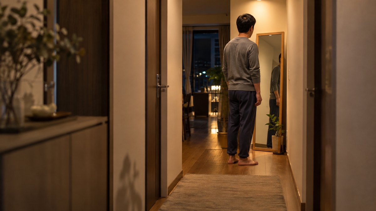 夜、マンションの廊下に置いた姿見の前で、40代の男性が部屋着のまま背すじを伸ばし、肩の力を抜いて自分の立ち姿を確かめている遠景。顔ははっきり写らない。文字は無い
