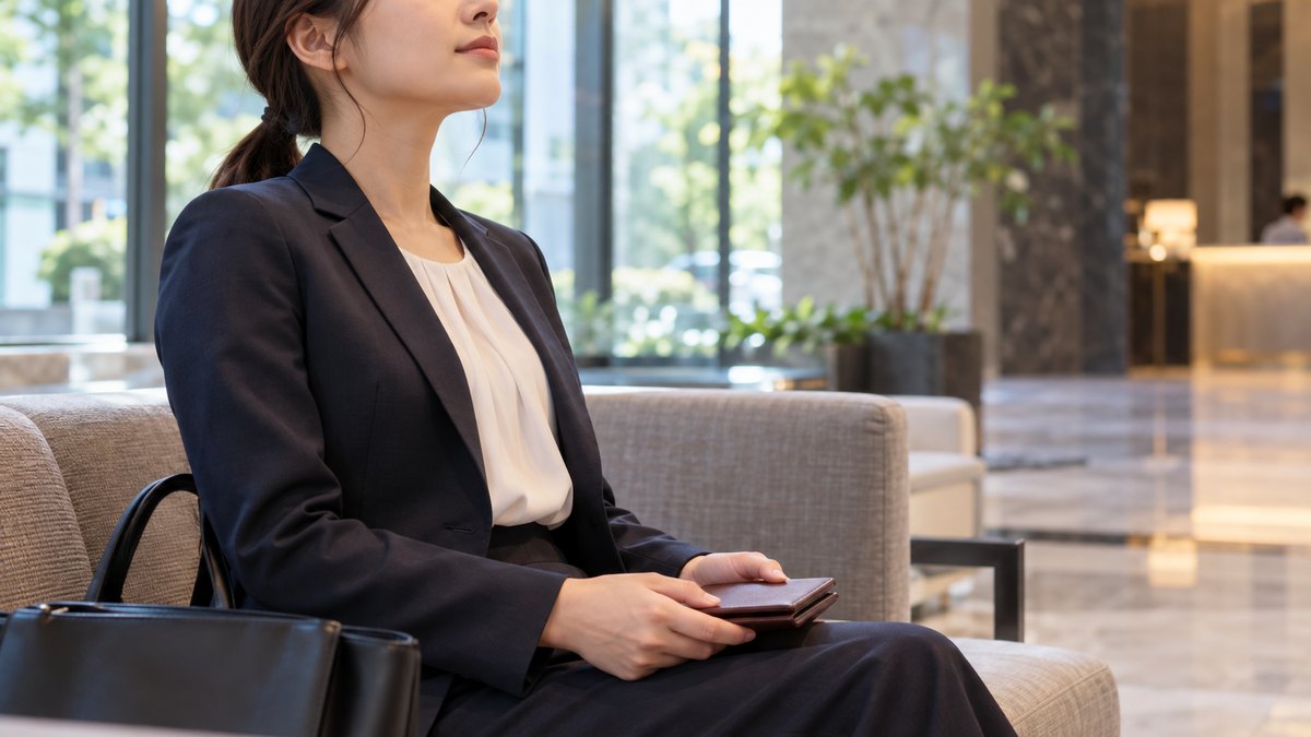 午後、取引先のビルの1階ロビーのソファで、30代の女性会社員が名刺入れを膝の上に持ち、目を閉じてゆっくり息を吐いて訪問の前に気持ちを整えている近景。看板やロゴの文字は見えない。顔ははっきり写らない。文字は無い
