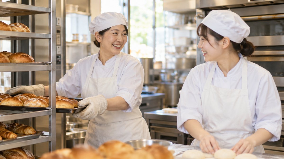 街のパン屋の厨房で、白い帽子とエプロン姿の40代の女性が、焼き上がったパンを天板から棚へ移しながら、隣の20代の女性に笑顔で話しかけている