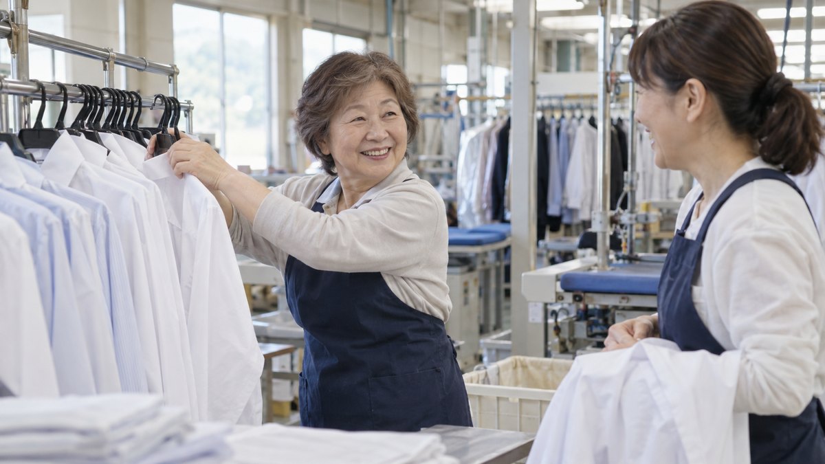 地方のクリーニング工場の作業場で、エプロン姿の60代の女性が、仕上がったワイシャツをハンガーに掛けながら、隣の同僚と笑顔で話している