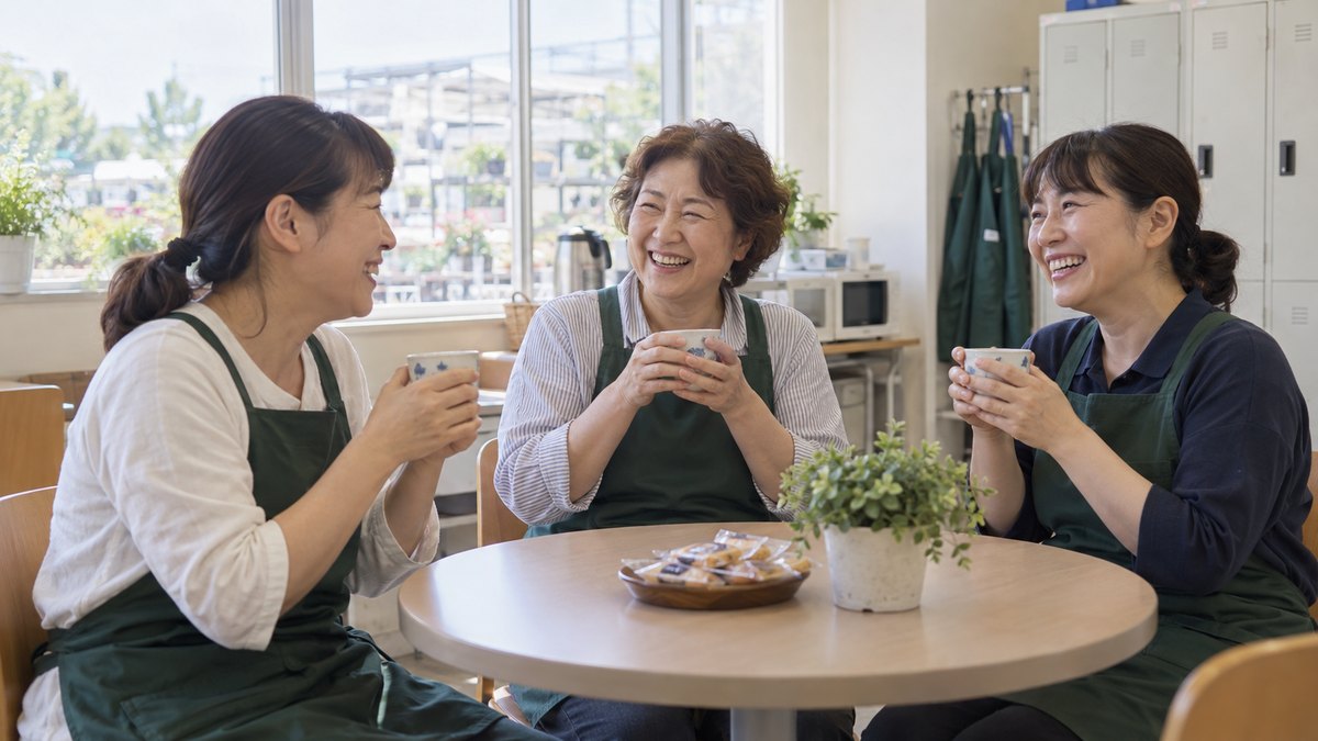 昼どきのホームセンターの休憩室で、エプロン姿の40代から60代の女性3人が小さなテーブルを囲み、湯のみを手に笑い合っている