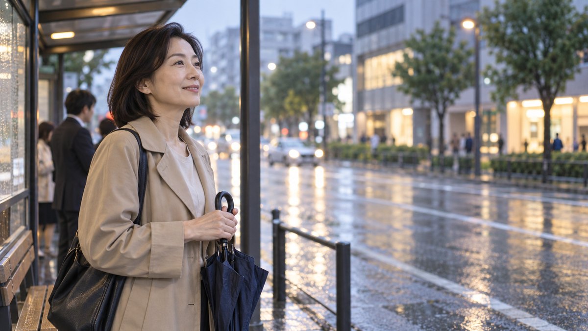 雨の日の夕方、バス停の屋根の下で、仕事帰りの50代の女性が傘を閉じ、肩の力を抜いて穏やかな顔で道路の向こうを見ている