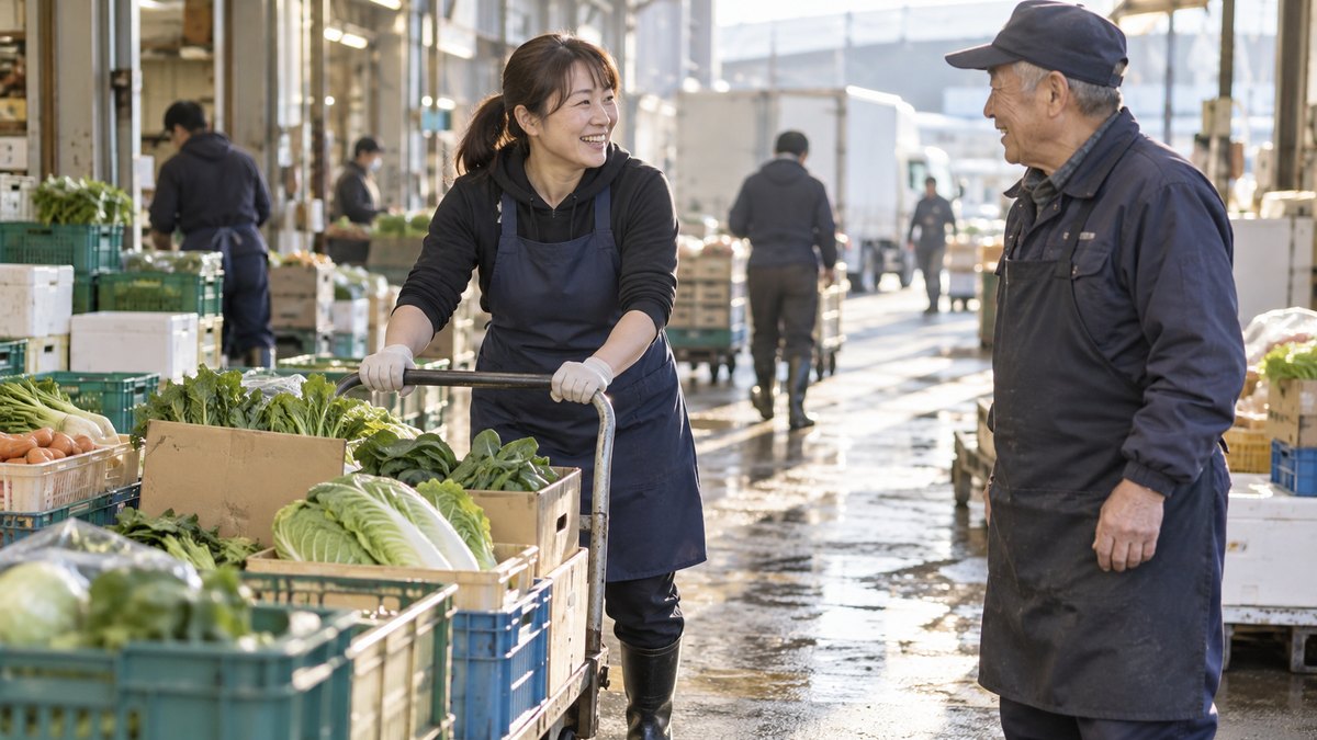 朝の青果市場の通路で、長靴とエプロン姿の40代の女性が、野菜の箱を積んだ台車を押しながら、年配の男性と笑顔で言葉を交わしている