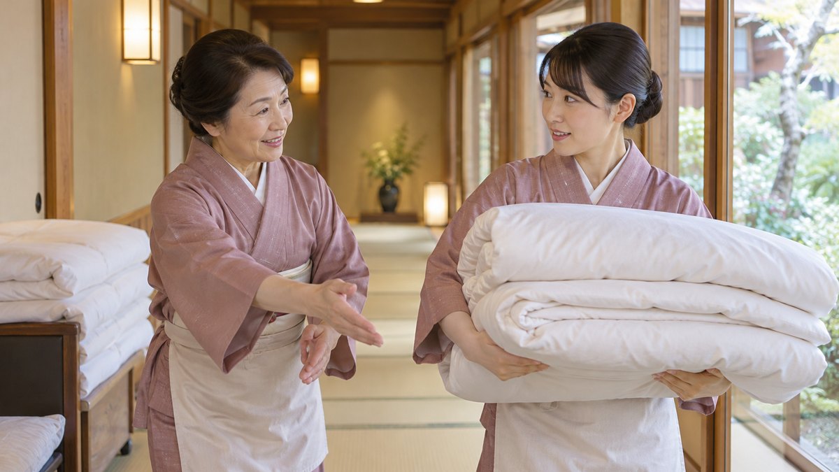 温泉旅館の畳の廊下で、着物姿の50代の仲居の女性が、たたんだ布団を抱えた若い仲居の女性に、笑顔で運び方を教えている