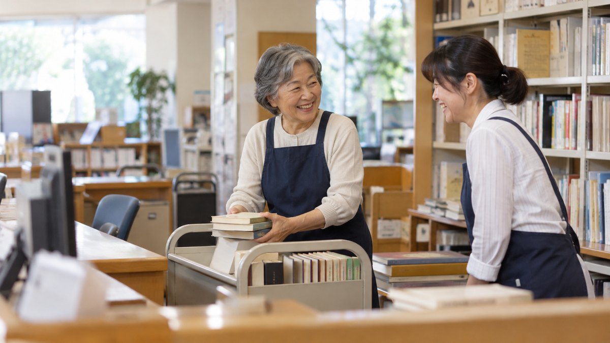 市立図書館のカウンターの奥で、エプロン姿の60代の女性が、返却された本を台車に積みながら、同僚の女性と小声で笑い合っている。本の題名は読めない