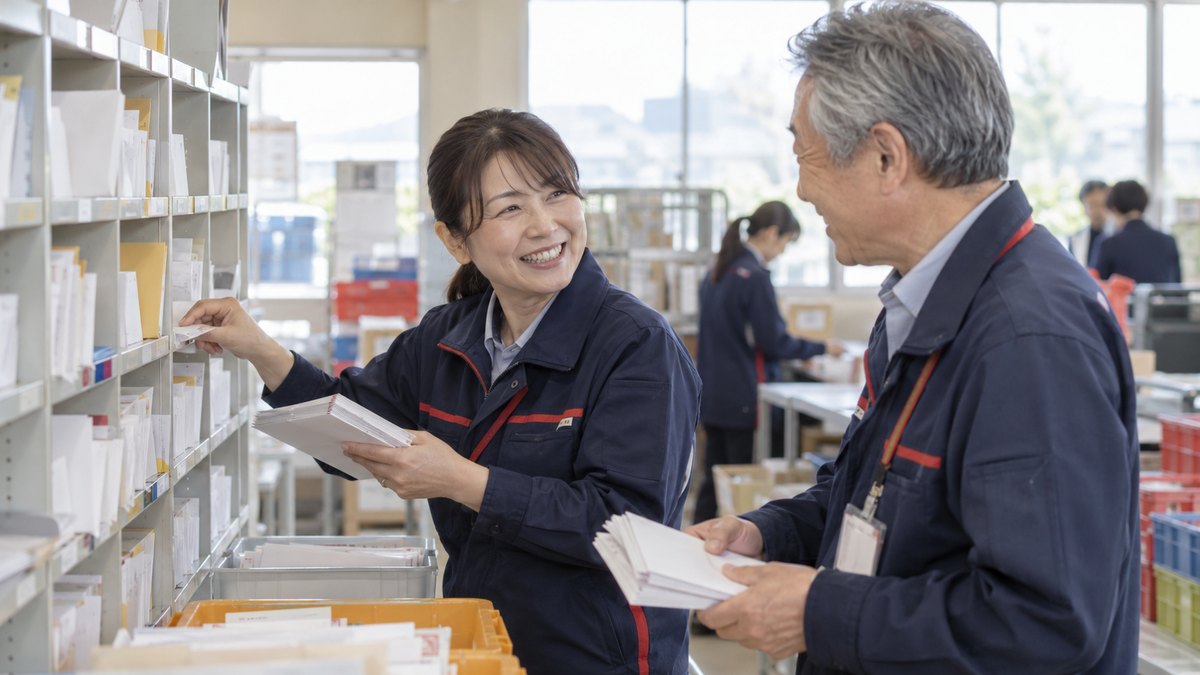 朝の郵便局の仕分け作業場で、制服姿の40代の女性が、白い封筒の束を棚に分けながら、隣の年配の男性職員と笑顔で言葉を交わしている。封筒の文字は読めない