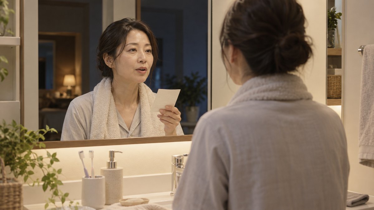 夜の自宅の洗面所で、40代の女性が歯みがきを終えたあと、鏡に映る自分に向かって、小さな紙を片手に口を動かしている。紙の文字は読めない