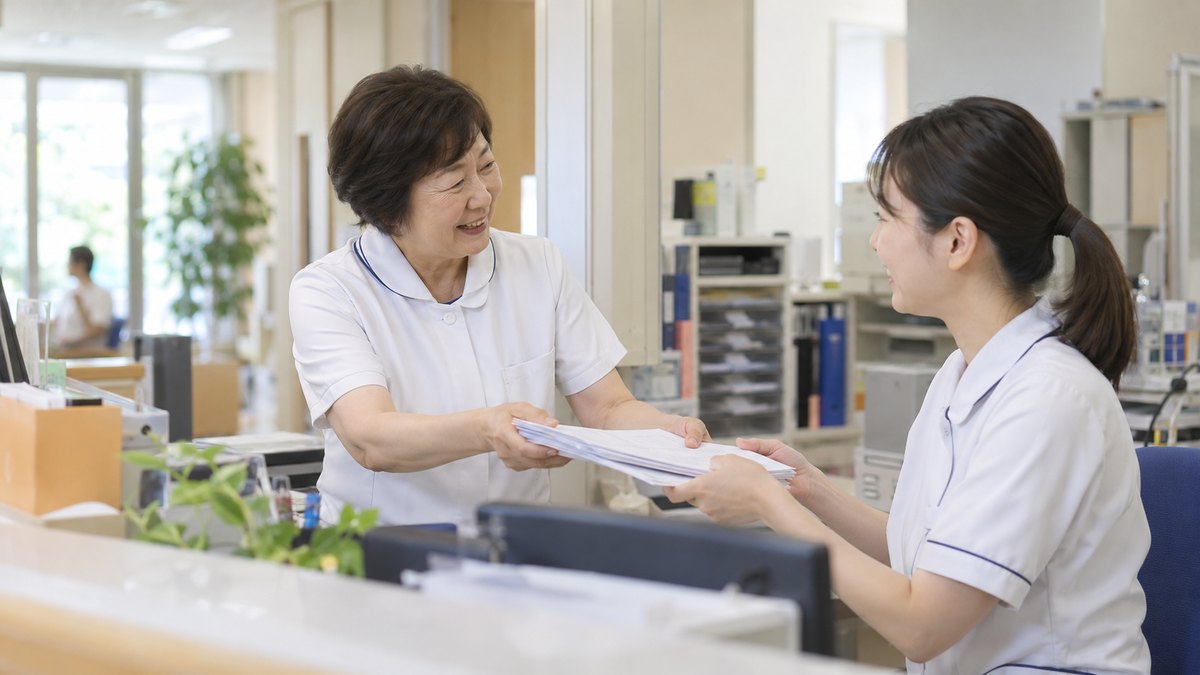 昼下がりの病院の受付カウンターの奥で、制服姿の60歳くらいの女性医療事務員が、若い同僚の女性に書類の束を手渡しながら笑顔で話している