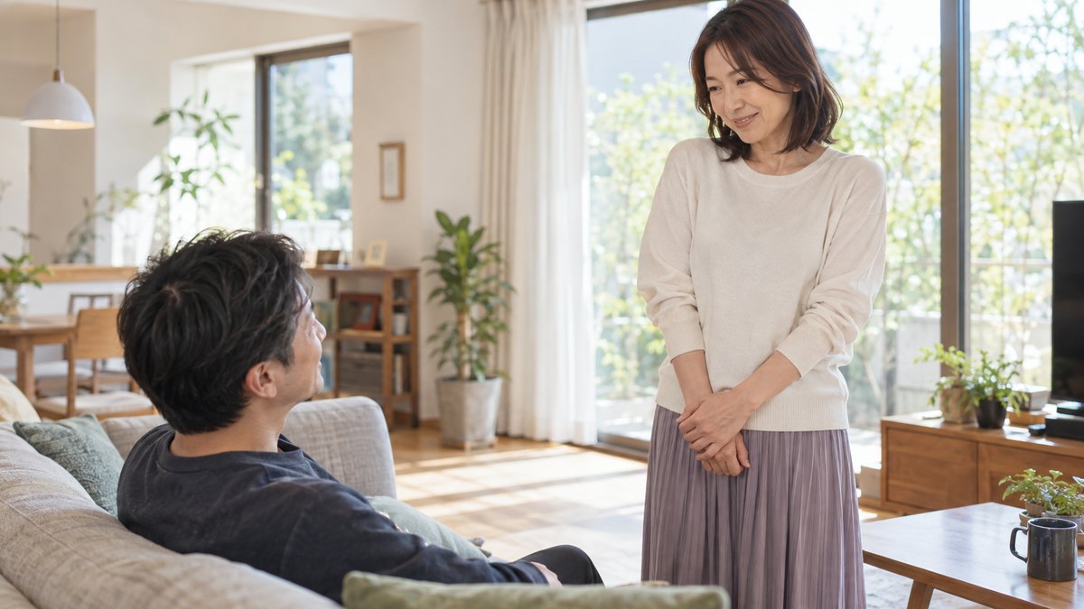 日曜の朝の自宅のリビングで、40代の女性がソファに座った夫の前に立ち、少し照れた笑顔で短い挨拶を聞いてもらっている