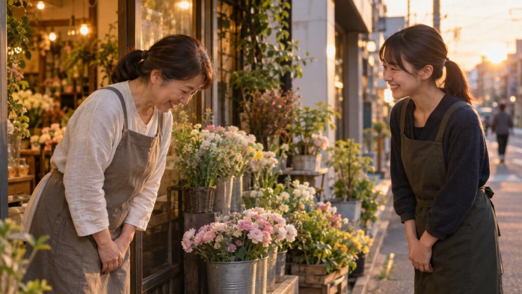 夕方の花屋の店先で、エプロン姿の50代の女性が最後の勤務を終え、同僚の女性に笑顔で頭を下げて挨拶している