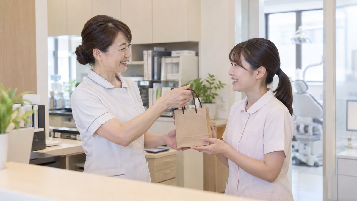 昼休みの歯科医院の受付の奥で、制服姿の40代の女性が、小さな紙袋を後輩の20代の歯科助手に手渡し、二人で笑っている