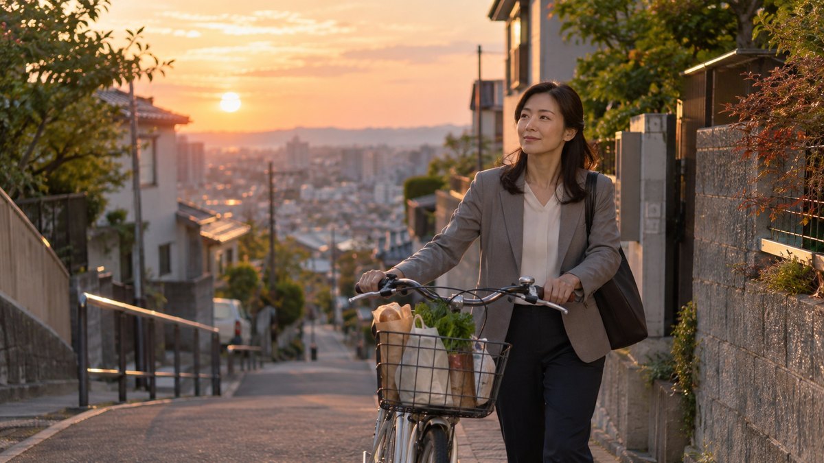 夕暮れの住宅街の坂道を、仕事帰りの40代の女性が買い物袋を下げた自転車を押しながら、穏やかな表情で歩いている