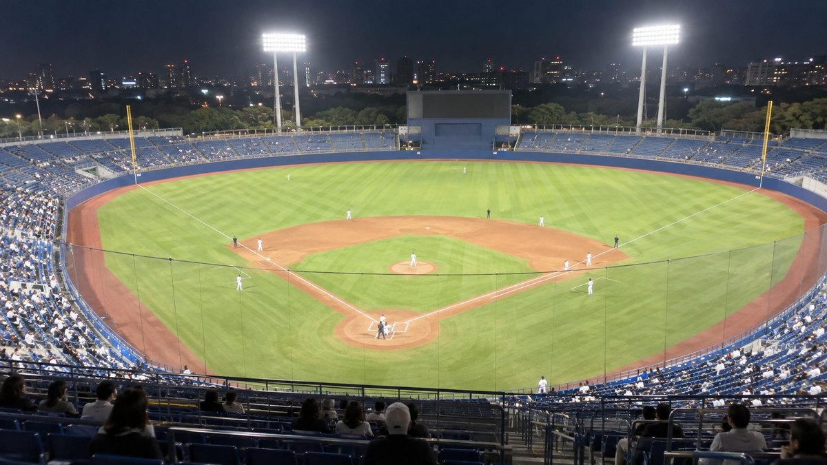 夜の野球場を観客席の上の方から見た遠景。照明に照らされた緑のグラウンドが広がり、観客はまばら。看板や得点板の文字は写っていない