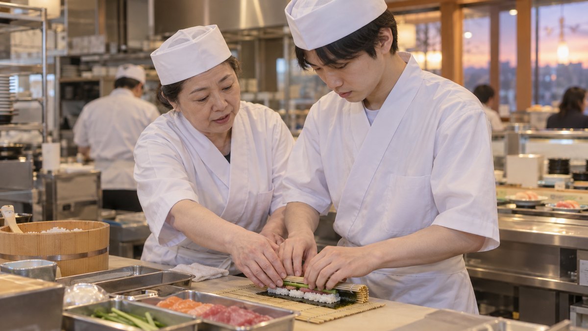 夕方の回転寿司店の厨房で、白い調理服の50代の女性が、20代の男性スタッフに巻き物の巻き方を手を添えて教えている