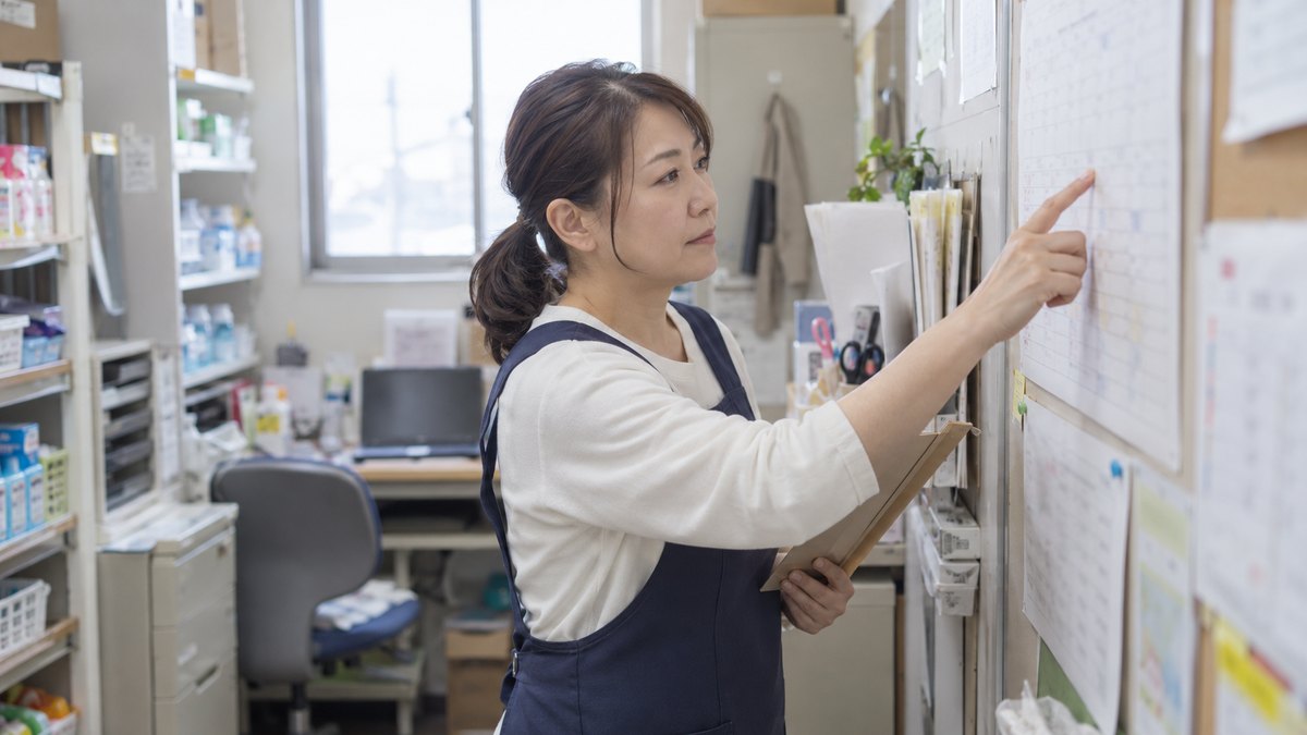 ドラッグストアの狭い事務所で、エプロン姿の40代の女性が壁に貼られた紙のシフト表の前に立ち、指でなぞりながら確かめている。紙の文字は読めない