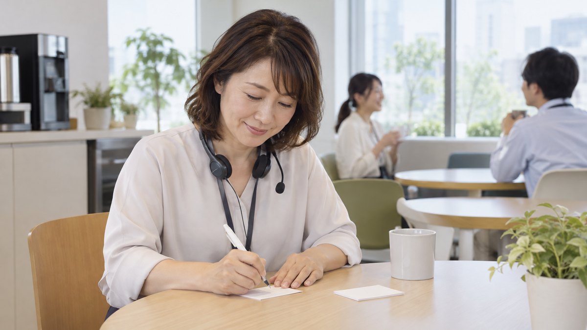 コールセンターの休憩室のテーブルで、ヘッドセットを首にかけた40代の女性が、小さな無地のメッセージカードにペンで短い言葉を書いている。カードの文字は読めない