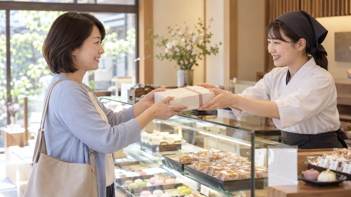 和菓子店のショーケースの前で、カーディガン姿の40代の女性が、個包装の焼き菓子の箱を店員から受け取っている。箱や包装紙に文字はない